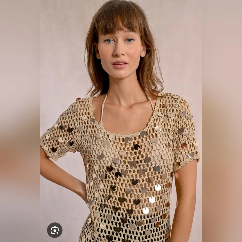 Molly Bracken Tan Sequin Crochet Blouse NWT XS PTP 17 - Picture 4 of 8